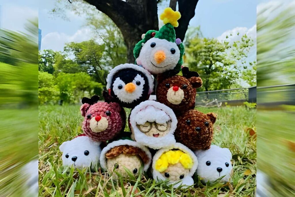 Amigurumi crochet patterns featuring Christmas ornaments including a bear, deer, snowman, and more.