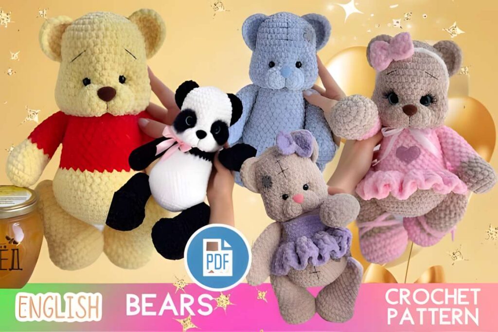 Amigurumi crochet patterns featuring five bear characters, including a panda and a pink bear.