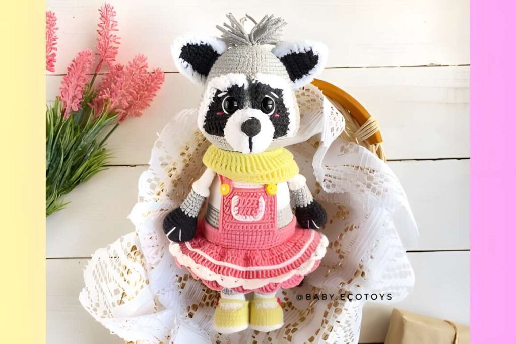 Amigurumi crochet patterns featuring a raccoon toy named Marla.