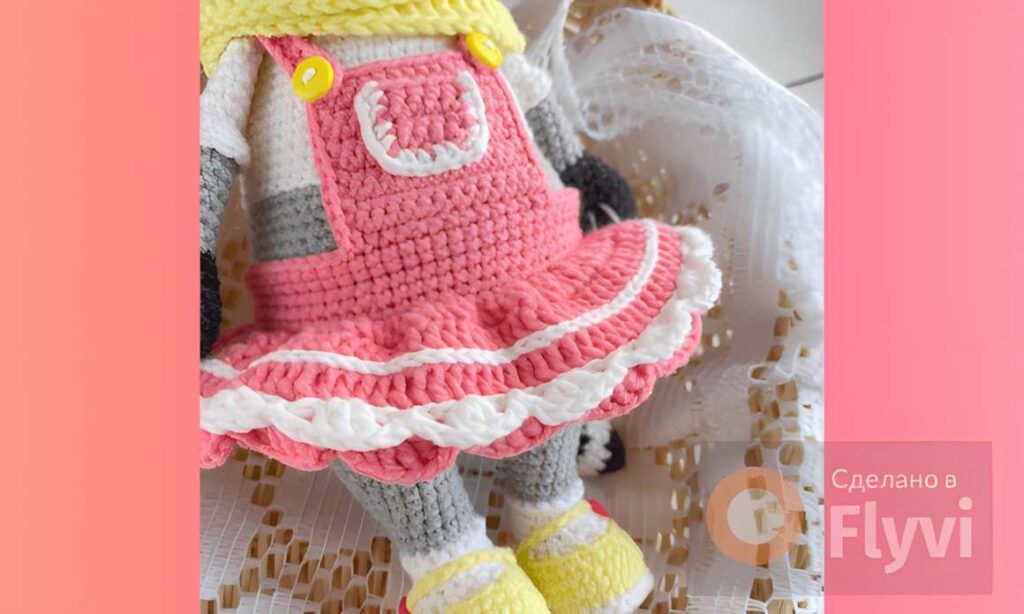 Amigurumi crochet patterns featuring a raccoon toy in a pink dress.