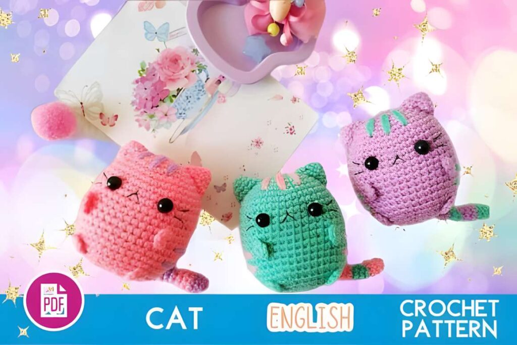 Amigurumi crochet patterns featuring cute cat toys in pink and green.