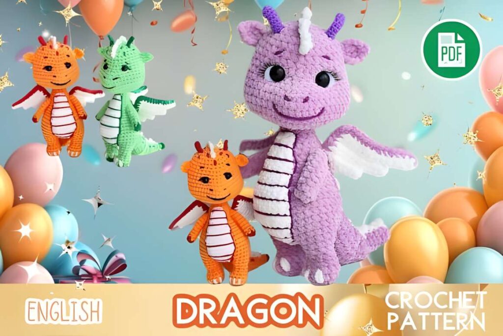 Amigurumi crochet patterns featuring colorful dragon toys.