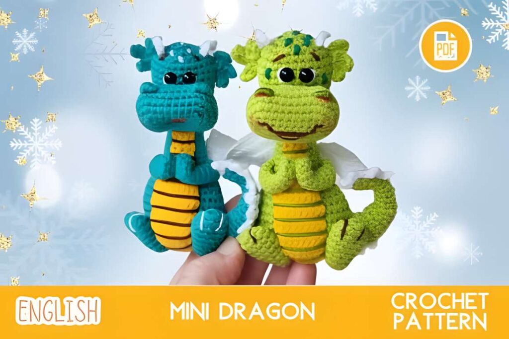 Amigurumi crochet patterns featuring two colorful dragon toys.