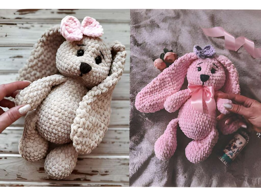 Chunky chenille yarn amigurumi crochet patterns featuring Softy Bunny Toy.