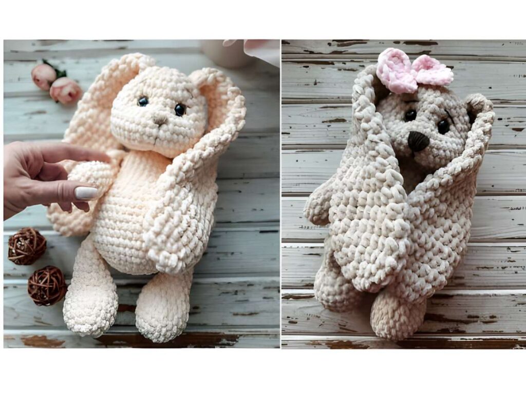Chunky chenille yarn amigurumi crochet patterns featuring a bunny and a hedgehog toy.