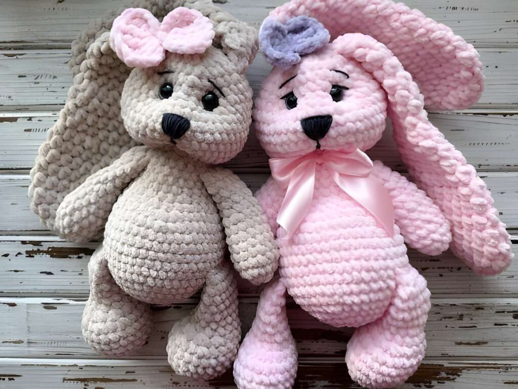 Chunky chenille yarn amigurumi crochet patterns featuring soft bunny toys.