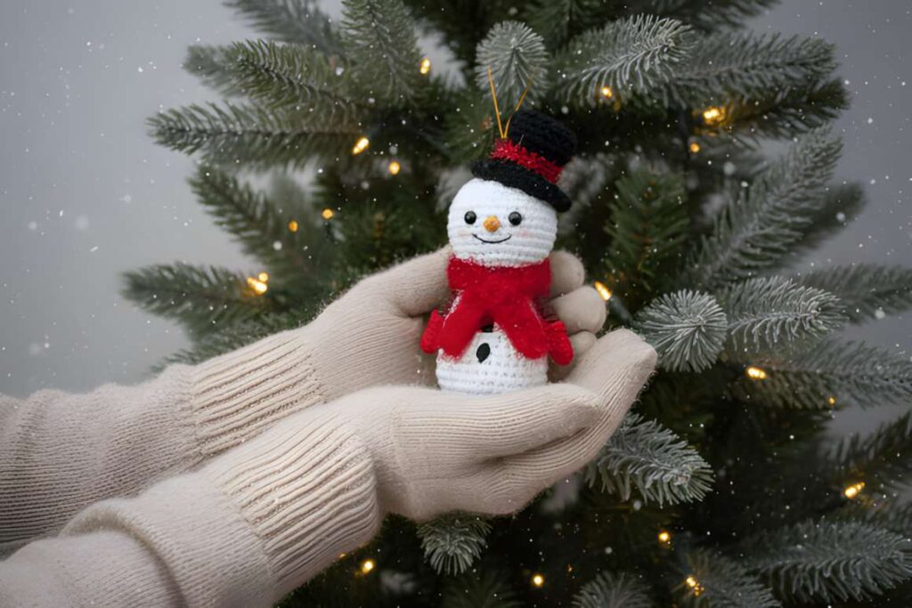 Amigurumi crochet snowman toy held in hands near a Christmas tree, showcasing winter charm. — amigurumi crochet patterns