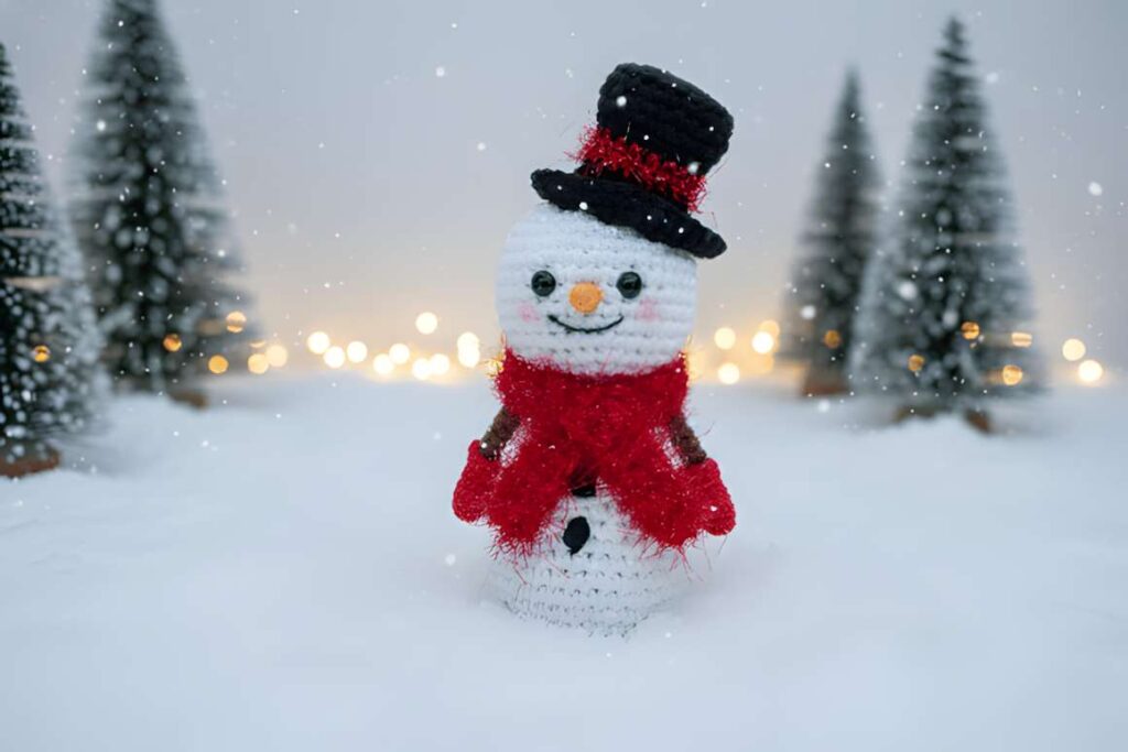 Amigurumi crochet patterns featuring a snowman toy in a winter setting.