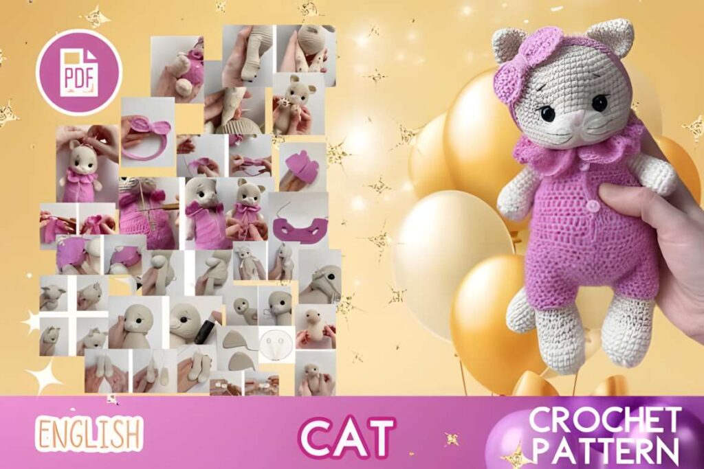 Cute Cat Crochet Amigurumi PDF Pattern featuring a crocheted cat with a pink outfit. — amigurumi crochet patterns