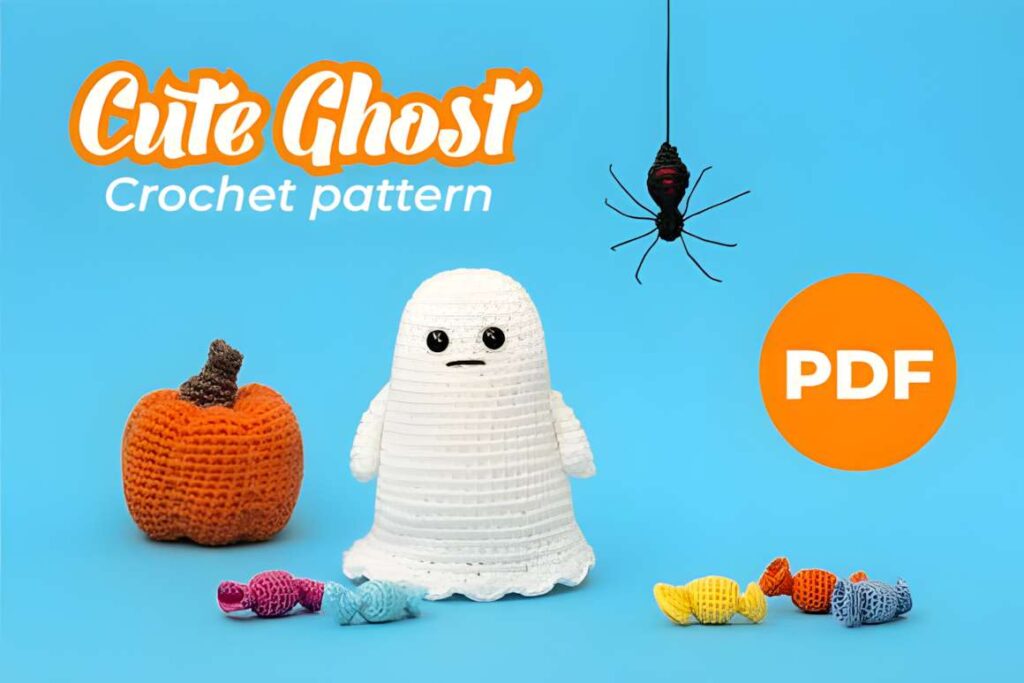Amigurumi crochet patterns featuring a cute ghost, pumpkin, and colorful fish.