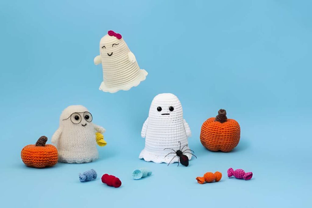 Amigurumi crochet patterns featuring cute ghosts and pumpkins for Halloween.
