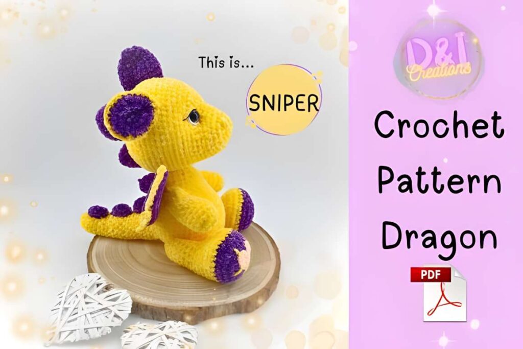 Amigurumi crochet patterns featuring a yellow dragon named Sniper.