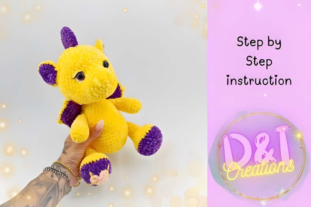 Amigurumi crochet patterns featuring a yellow dragon plush toy.