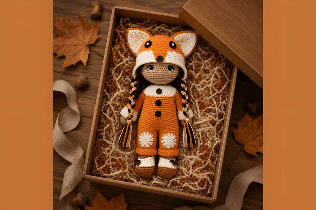 Amigurumi crochet patterns featuring a Fox Girl doll in a box with autumn leaves.