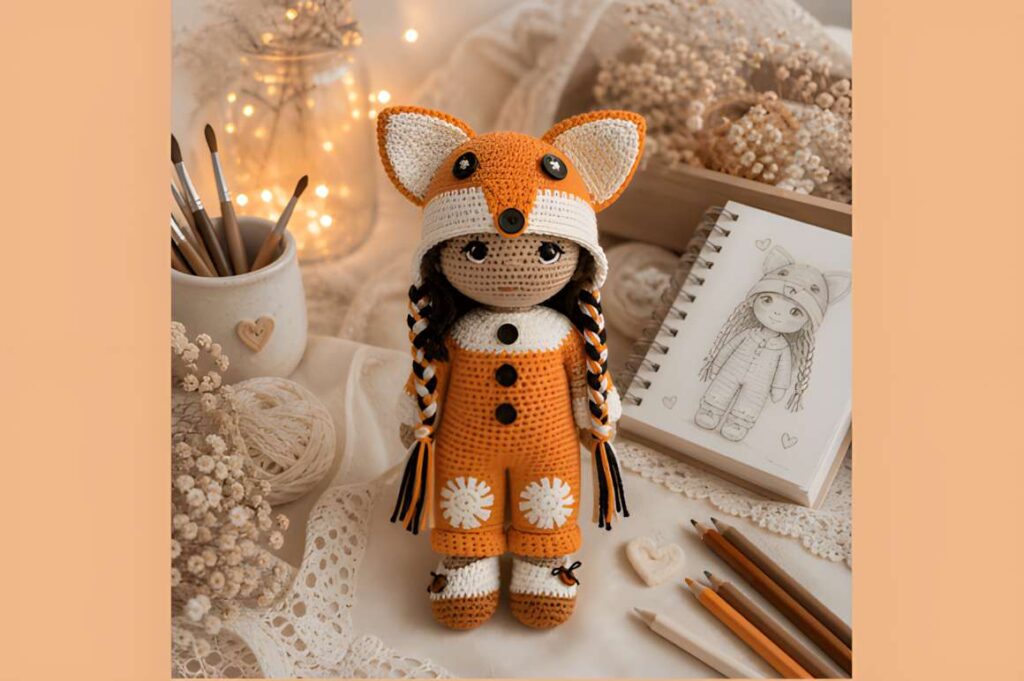 Amigurumi crochet patterns featuring a fox girl doll with woodland styling.
