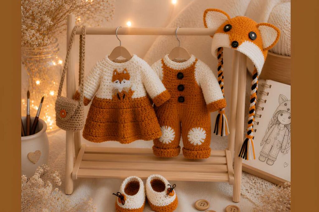 Amigurumi crochet patterns featuring a fox girl doll and accessories.