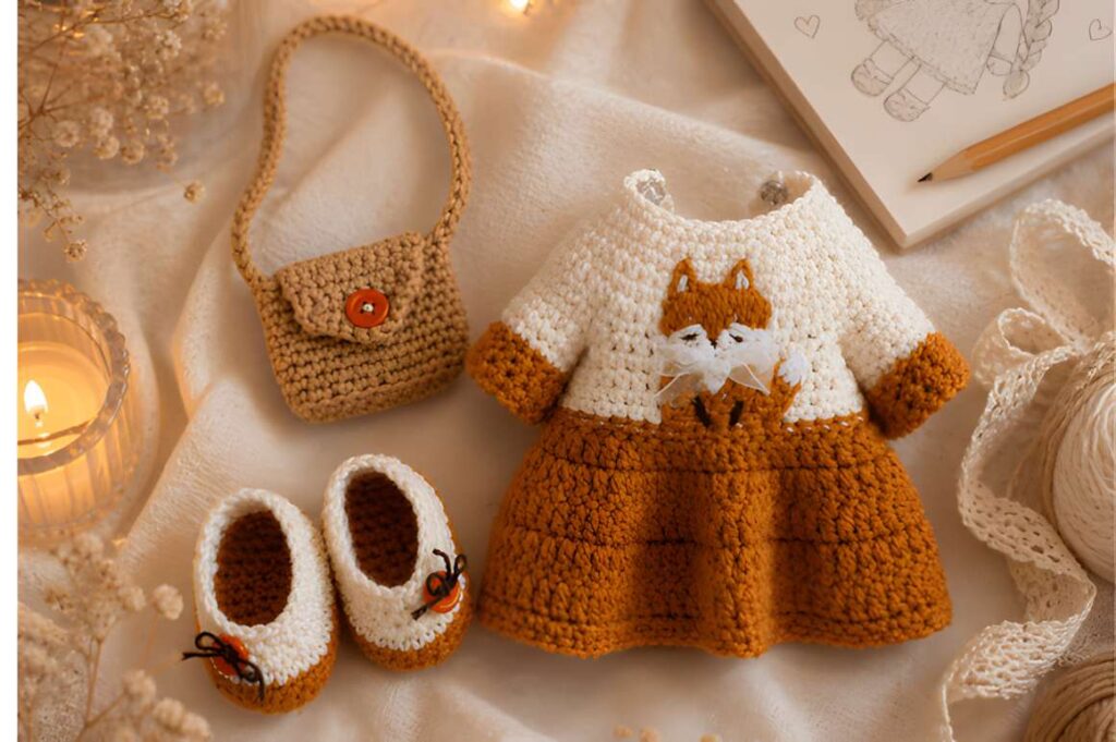 Amigurumi crochet patterns featuring a fox girl doll outfit with accessories.