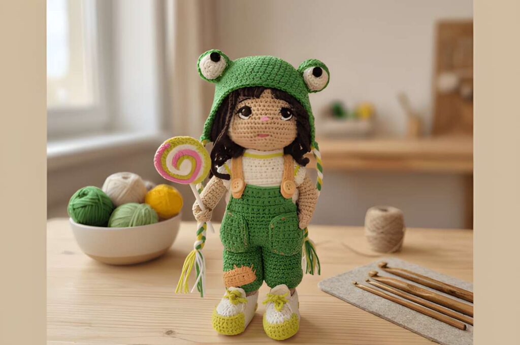 Frog Hat Doll Crochet Pattern featuring a doll in a frog-themed hat, showcasing amigurumi crochet patterns.
