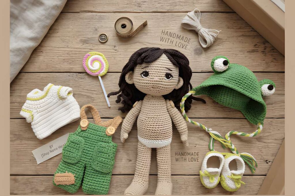 Frog Hat Doll Crochet Pattern featuring a doll with a frog-themed hat and accessories. — amigurumi crochet patterns