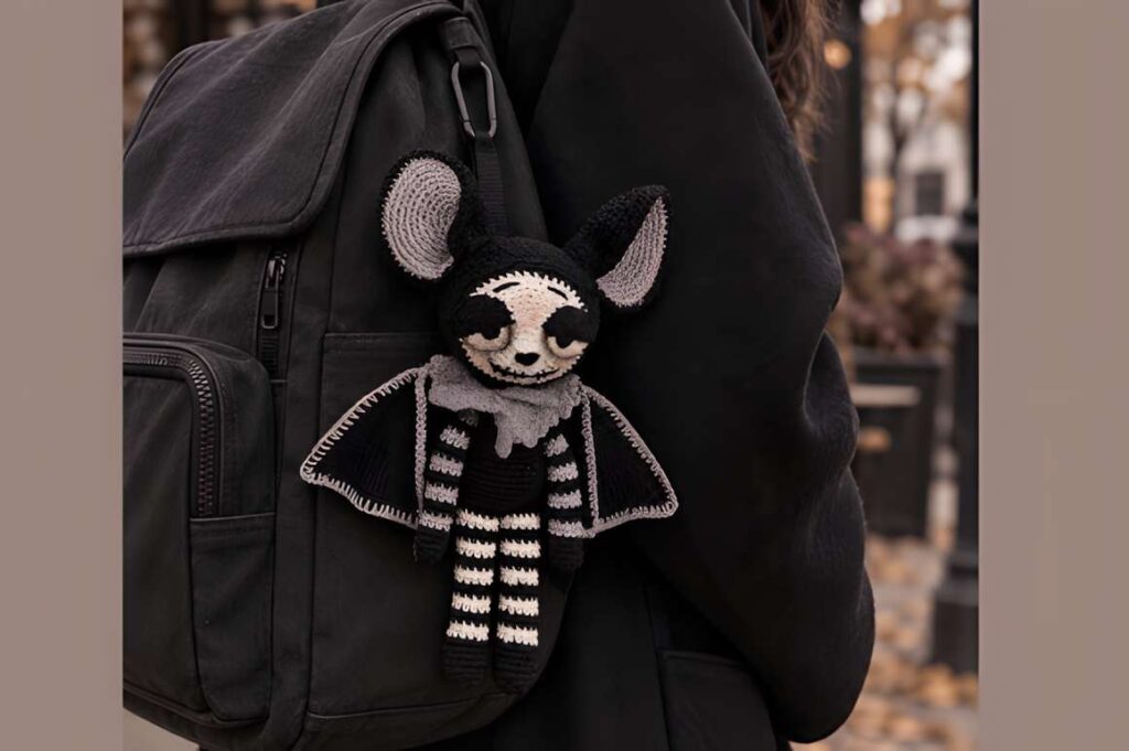 Amigurumi crochet bat hanging from a backpack, perfect for Halloween decor. — amigurumi crochet patterns