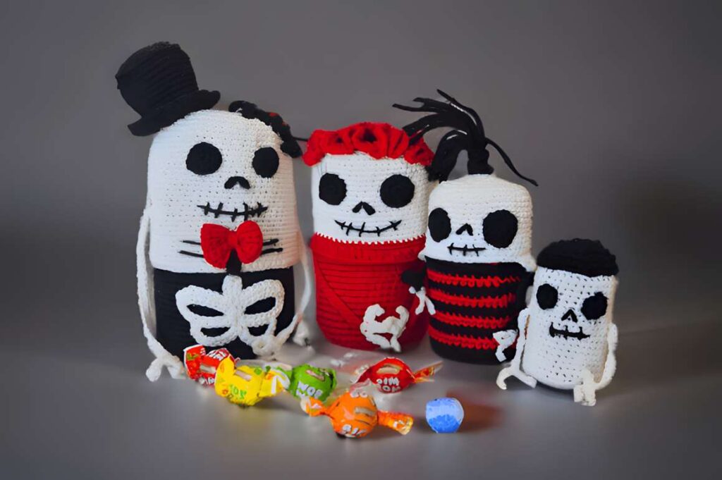 Amigurumi crochet patterns featuring Halloween skeleton nesting dolls.