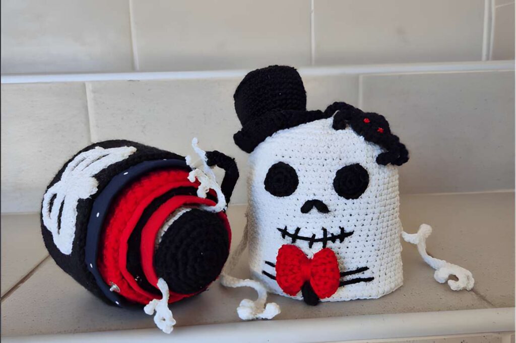 Amigurumi crochet patterns featuring Halloween skeleton nesting dolls.
