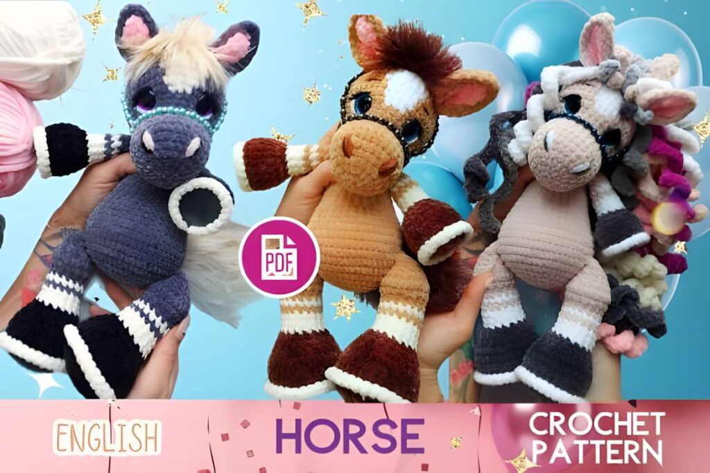 Amigurumi crochet patterns featuring horse and pony designs.
