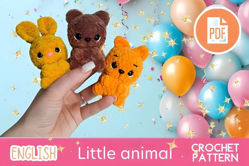 Chunky chenille yarn amigurumi crochet patterns featuring bunny, cat, and bear plush toys.
