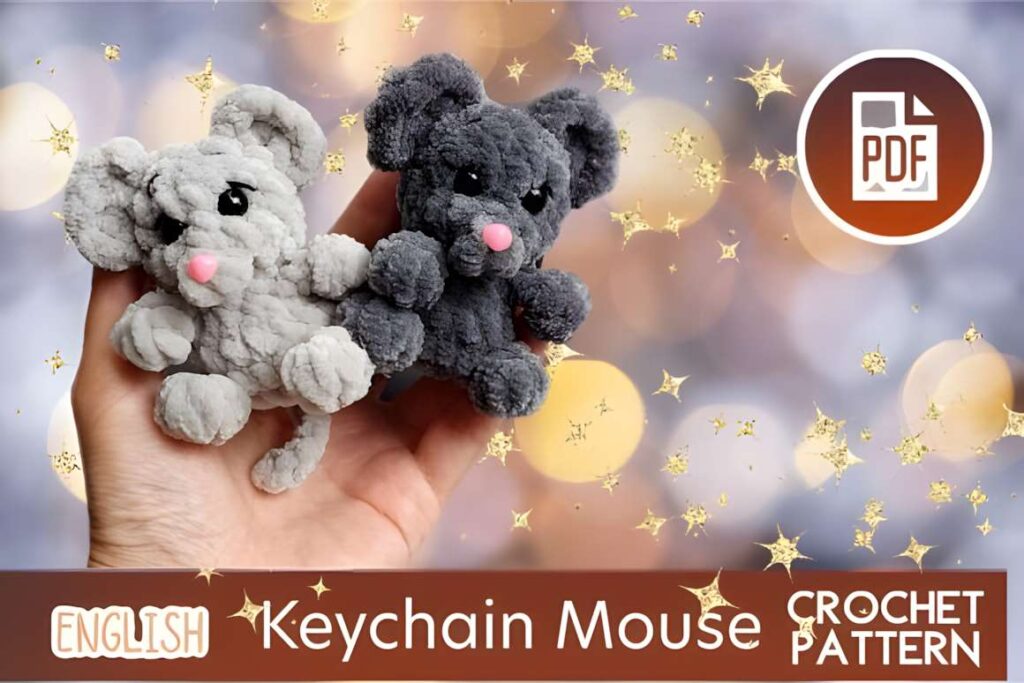 Amigurumi crochet patterns featuring little mouse keychain designs.