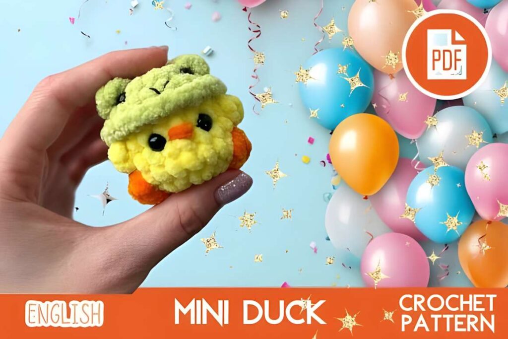 Mini Duck Crochet Pattern Amigurumi graphic featuring a colorful duck with balloons. — amigurumi crochet patterns