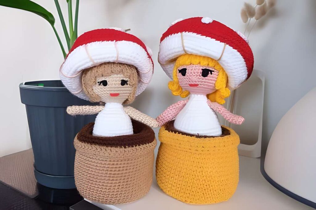 Mushroom Doll Crochet Pattern featuring two dolls with mushroom caps, showcasing amigurumi crochet patterns.