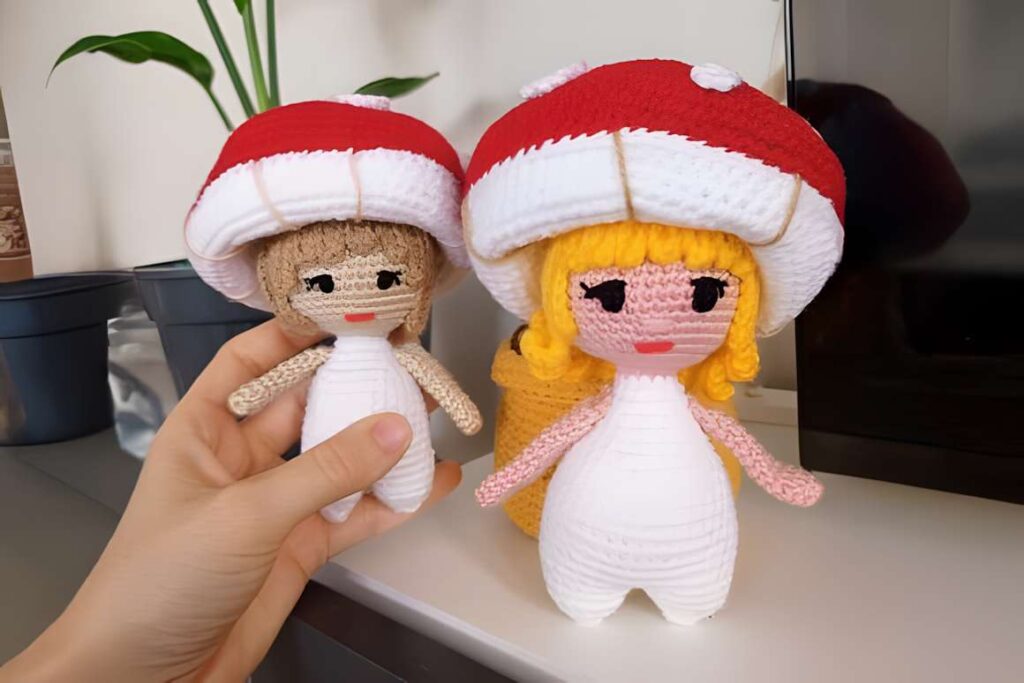Mushroom Doll Crochet Pattern featuring two colorful dolls with mushroom hats. — amigurumi crochet patterns