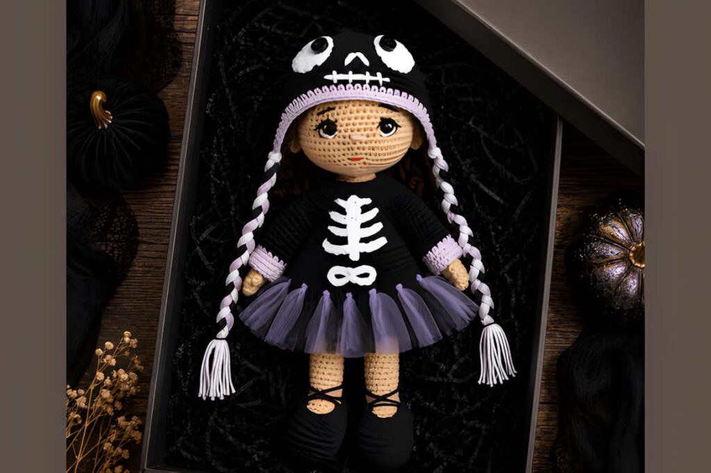 Skeleton Ballerina Crochet Pattern featuring a doll in a skeleton outfit. — amigurumi crochet patterns