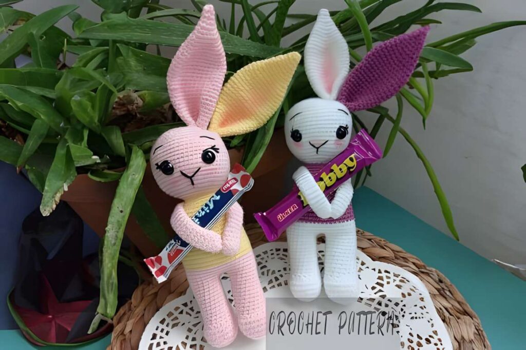 Amigurumi crochet patterns featuring cute bunny characters holding candy.