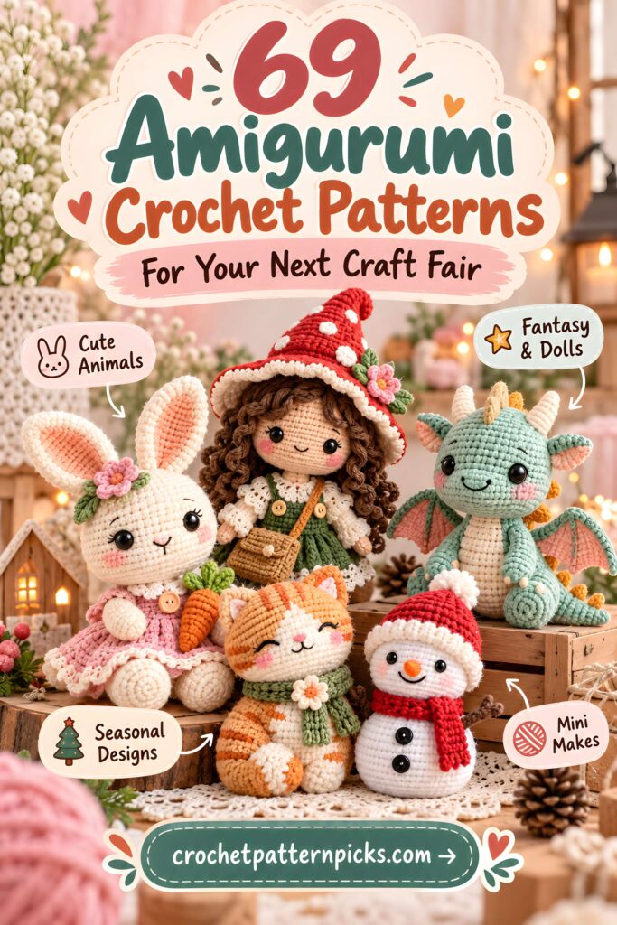 Amigurumi crochet patterns featuring cute animals, fantasy dolls, and seasonal designs.