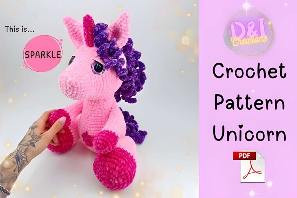 Amigurumi crochet patterns featuring a pink unicorn with purple mane.