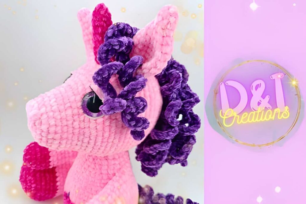 Amigurumi crochet patterns featuring a pink unicorn with purple mane.