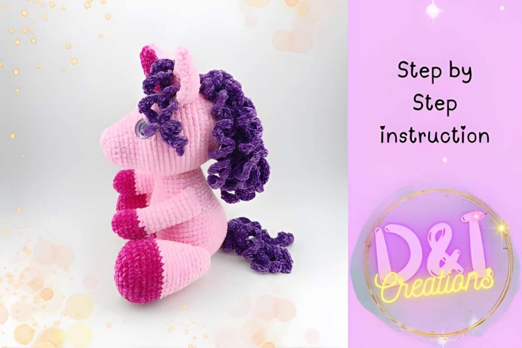Unicorn crochet pattern amigurumi PDF graphic poster featuring a pink unicorn with purple mane. — amigurumi crochet patterns