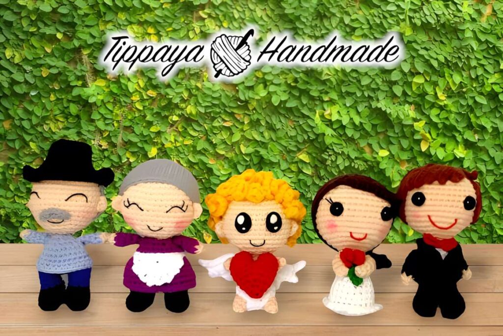 Amigurumi crochet patterns featuring Valentine-themed characters.