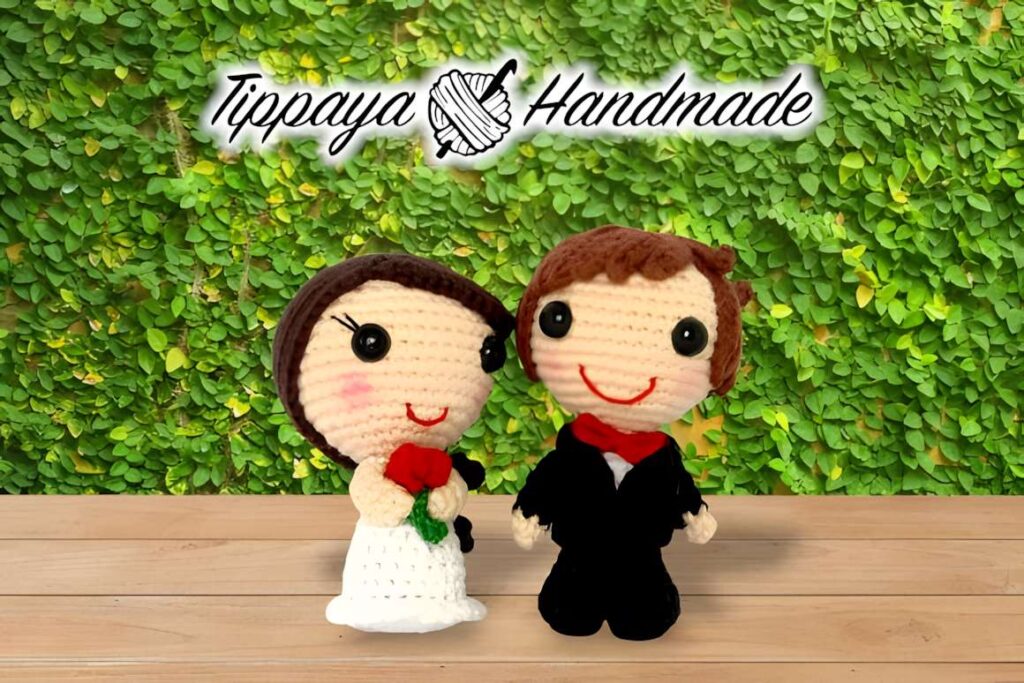 Amigurumi crochet patterns featuring a bride and groom dolls.