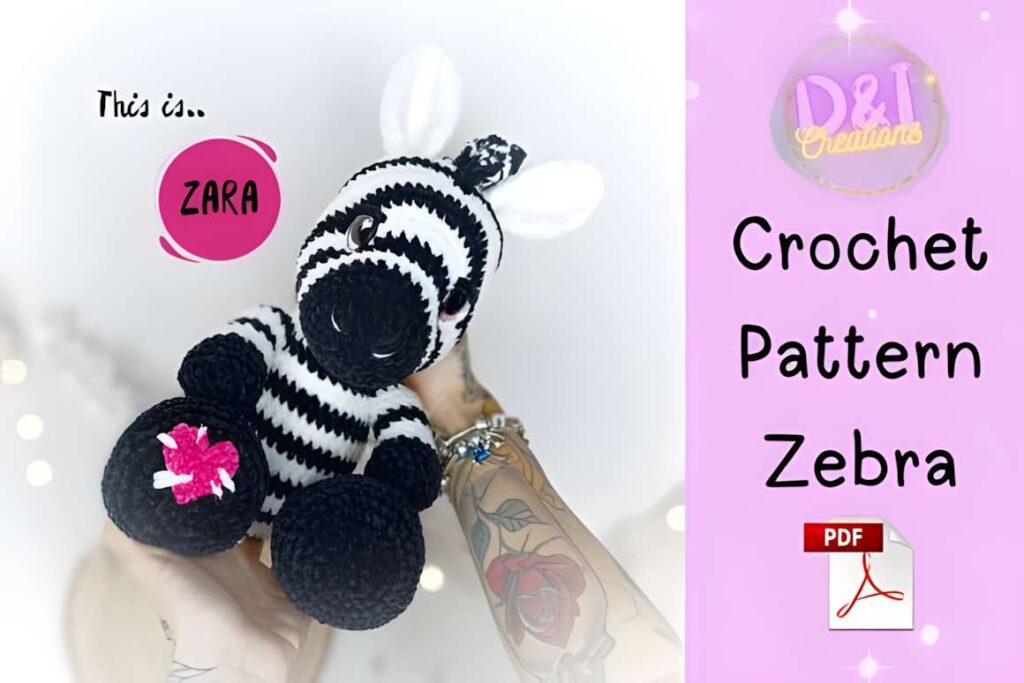 Zebra crochet pattern amigurumi PDF graphic featuring a striped zebra toy. — amigurumi crochet patterns